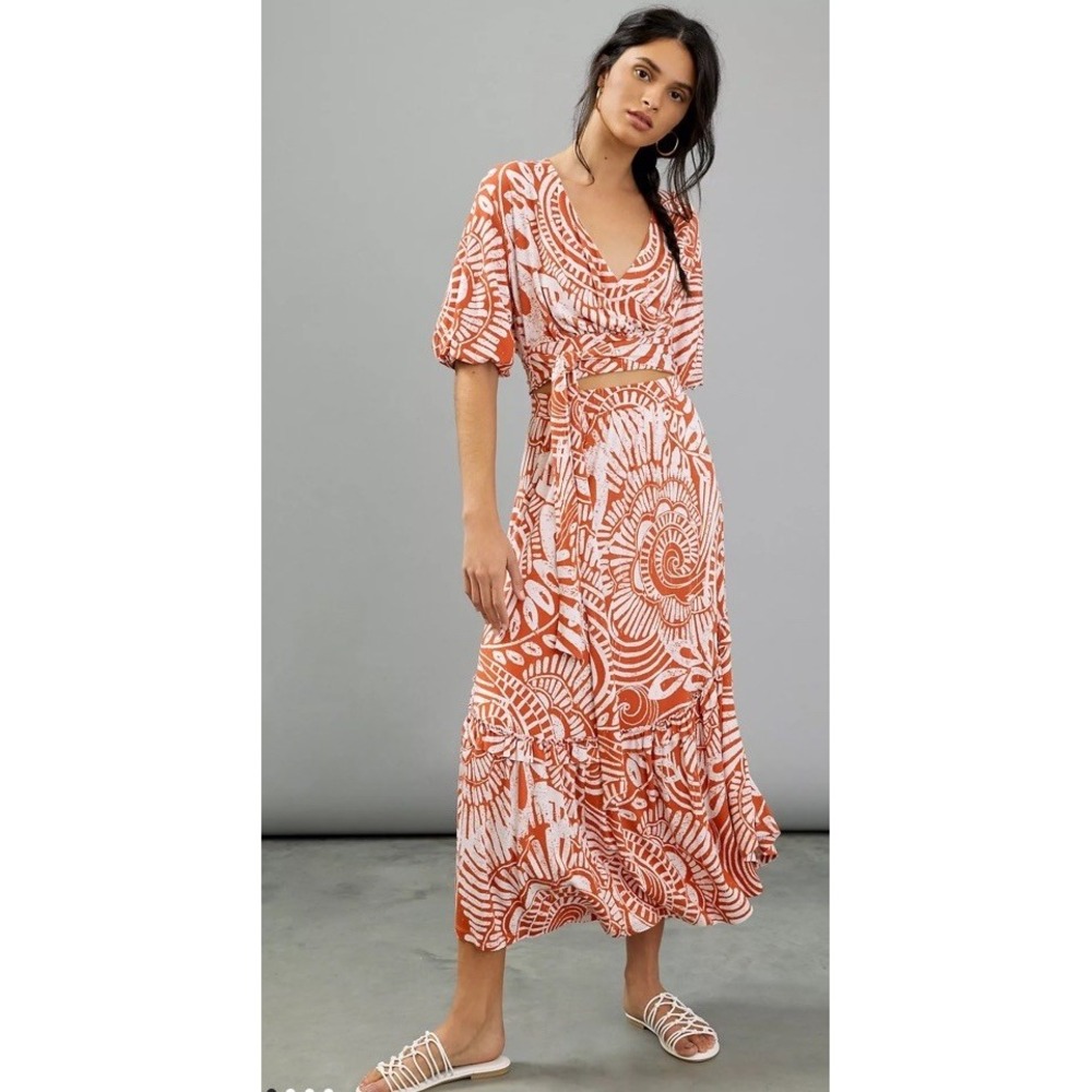 Anthropologie Bodhi Orange Print Two Piece Midi Skirt and Wrap Top Set Size XS